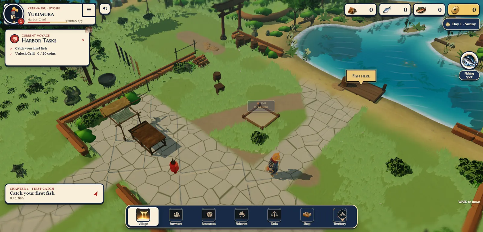 An empty build pad marked Grill, 0 of 20 coins, waiting next to a red market stand.