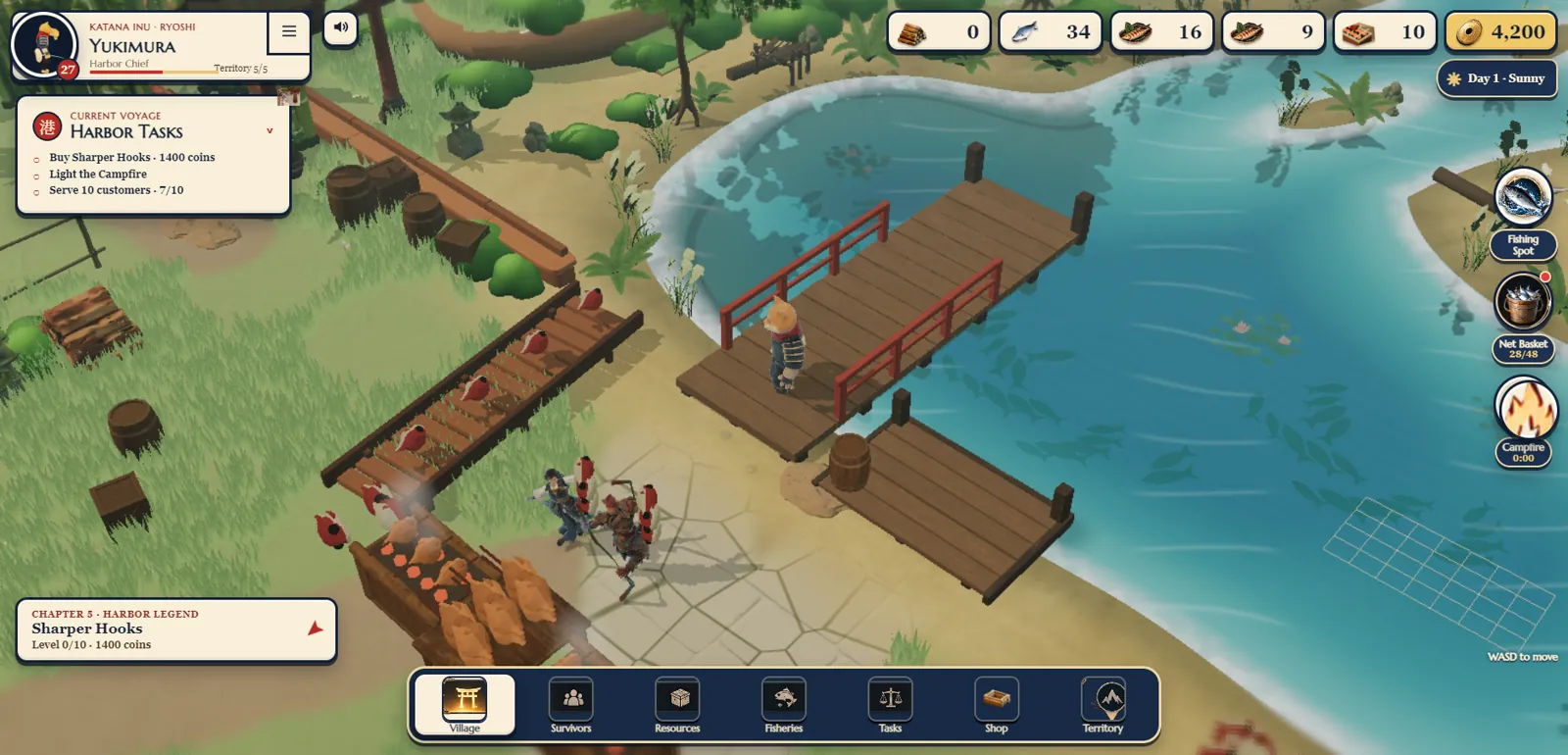 The fisher stands on a wooden pier with a red railing, rod cast into turquoise water, a fishing net floating offshore.