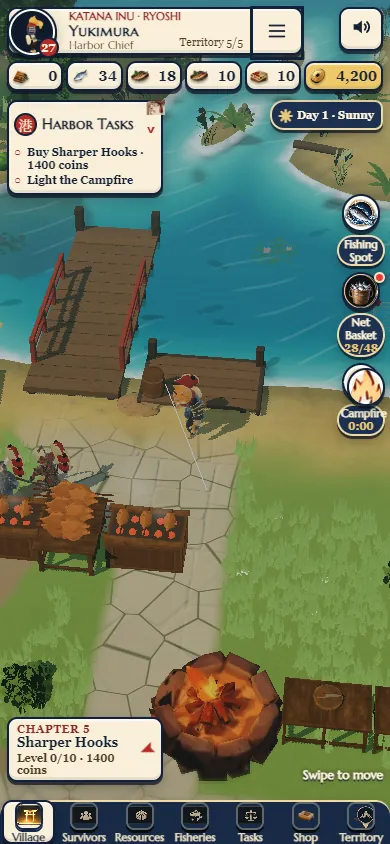 Ryoshi on a phone later in the game: pier, grill racks, campfire and a resource bar full of fish.