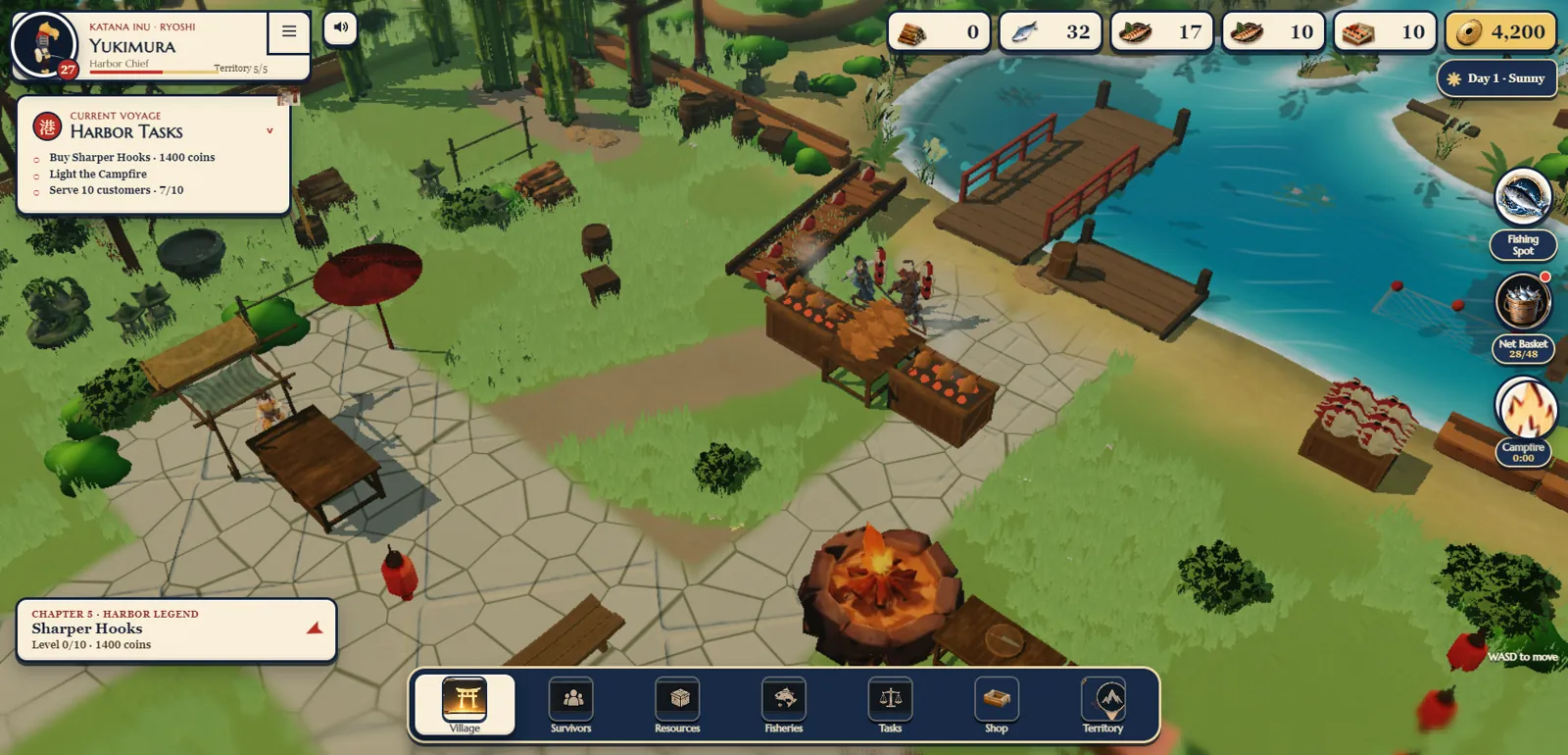 The harbor village from above: stone plaza, campfire, grill racks, wooden pier and a river bend.